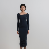 Charcoal Blue Gathered Stretch Long Sleeve Top