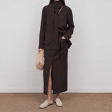 Tar Scarf Neck Top & Front Slit Skirt